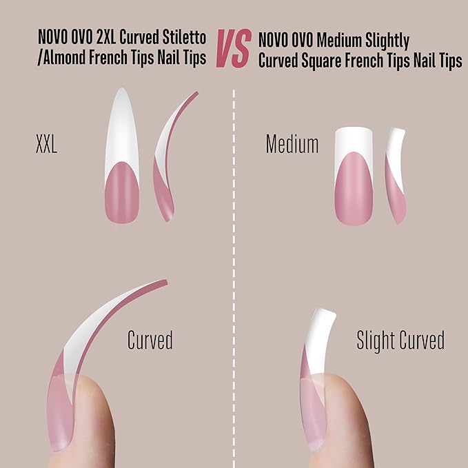 NOVO OVO Halloween XXL Curved Stiletto Almond French Tip Nail Tips Press on, BERRY PINK Full Cover Extra Thick Long XL Acrylic Hawk Curve Fake Extension Kit, Need Builder Gel, for DIY 12 Sizes 144 pcs