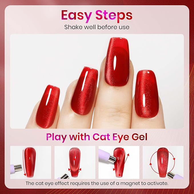 MIZHSE Moonlight Cat Eye Gel Nail Polish, 12mL Rose Red Smoothie Cateye Gel Nail Polish Silky Glitter Magnetic Soak Off U V LED Nail Gel Polish for Home Manicure Nail Art