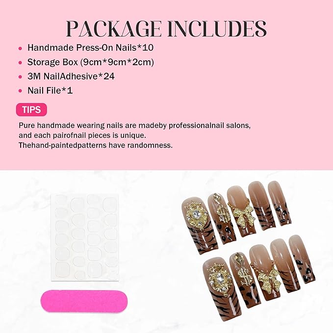 Handmade Press on Nails Long,Xl Square Fake Nails French Tip Leopard False Nails with Glue Charms Bow Design Acrylic Nails Press Ons Sparkly Full Cover Stick on Nail fo Women 10Pcs(Size M)