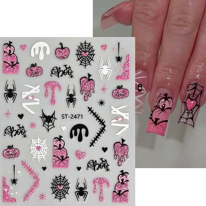 8 Sheets Halloween Nail Stickers Pumpkin Spider Web Nail Art Stickers with Pink Glitter Design Ghost Bat Nail Decals 3D Self Adhesive Sticker for Nails,Halloween DIY Manicure Decor for Women Girls