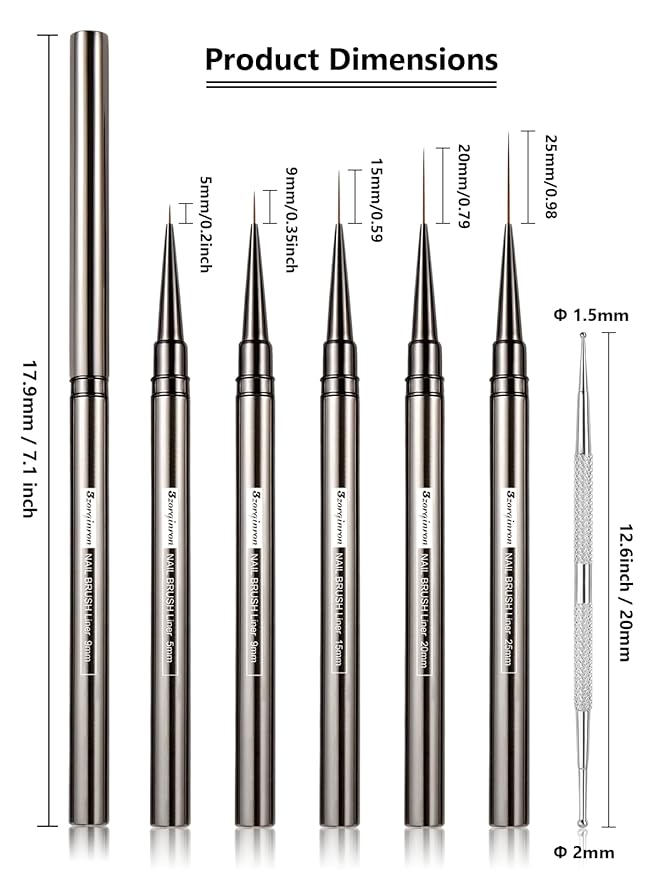 Nail Liner Brush, Fine Line Nail art Brushes 5/9/15/20/25mm Thin Line Nail Brushes Detail Drawing, Liner Brush for Nails Gel