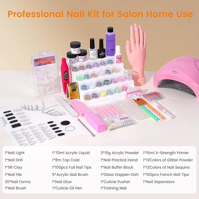Acrylic Nail Kit for Beginners: Monomer Acrylic Nail Liquid Powder with Practice Hand U V Light Drill French Tips Training Mat for Nail Starters with Everything Home Salon Gift Set (Pink)