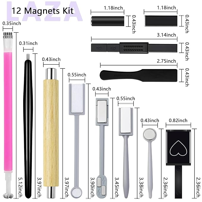 Laza 12 Pcs Nail Magnet Set, Super Strong Cylinder Magnet, Heart Magnet for Nails Double-head Magnet Wands for Magnetic Nails, 9D Galaxy Cat Eye Nail Art, Magnetic Nail Polish
