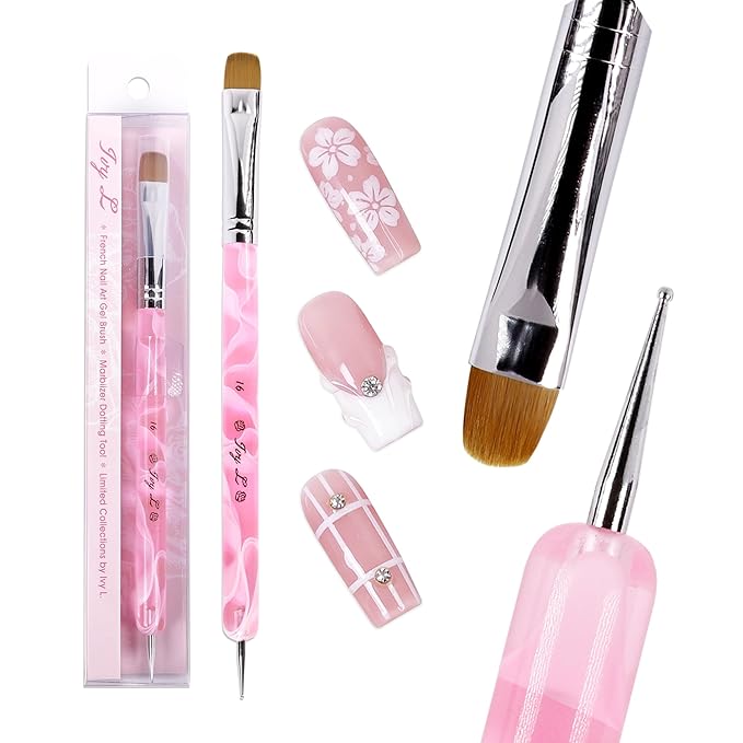 Ivy L Premium 2 Way French Gel Acrylic Nail Art Kolinsky Brush with Dotting Tool for Professional Manicure Cuticle Clean up Nail Art Design (Size # 16, Pink Marble)