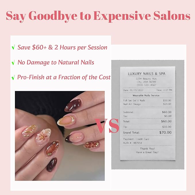 Press on Nails Medium Almond French Tip, 30 Pcs Handmade 3D Flowers Gold Lines Embossed Designs, Glossy Nude Fake Nails, Reusable Glue On Nails, Full Cover Acrylic Nails for Women Brown