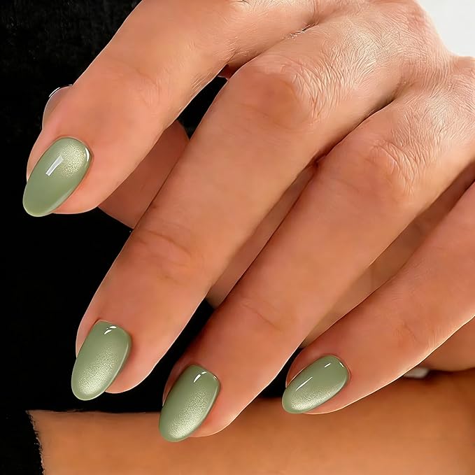 Cat Eye Press on Nails Short, Chrome Press on Nails Oval, Thick Glazed Pastel Green Fake Nails Press ons for Women, Reusable Magnet Bling Glitter Glue On Nails Almond in 15 Sizes, Matcha 30 Pcs