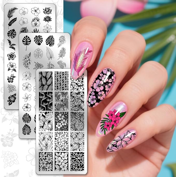 PH PandaHall 3pcs Flower Leaves Nail Stamping Plates Rainforest Blooms Nail Art Stencils Tropical Floral Manicure Art Plates Plants Nails Stamping Temeplates for Women Manicures Salon Design Printing