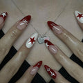 Press On Medium Almond French Tip Fake Nails - Full Cover, Red & White Stars, Bow Designs, Sliver Rhinestones, Glossy Acrylic Artificial Nails for Women & Girls