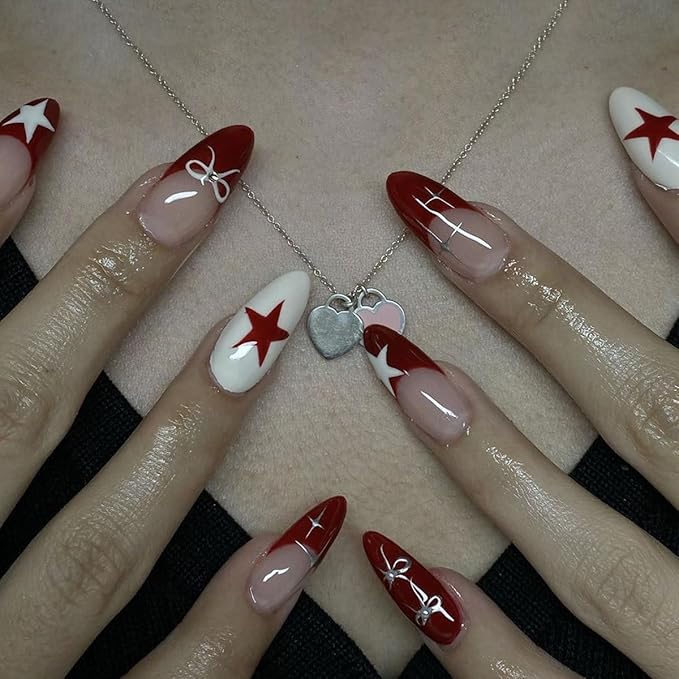 Press On Medium Almond French Tip Fake Nails - Full Cover, Red & White Stars, Bow Designs, Sliver Rhinestones, Glossy Acrylic Artificial Nails for Women & Girls