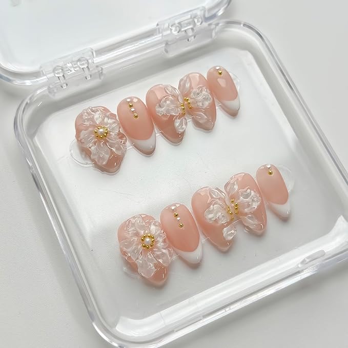 Luxury Press on Nails Short Almond Handmade 3D Unique Reusable ABS Material Fake Nails White French Tip Purple False Nails with Designs Ice Flower Pearls Glossy Glue on Nail Thick Acrylic Nail(S)