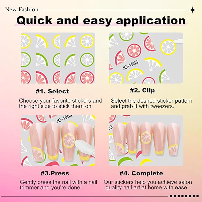 6 Sheet Fruit Nail Sticker for Nails Art 3D Embossed Self-Adhesive Cute Peach, Cherry, Lemon, Watermelon, Strawberry, Avocado Nail Decal Design Supplies for Women DIY Manicure Art Decoration YX1243
