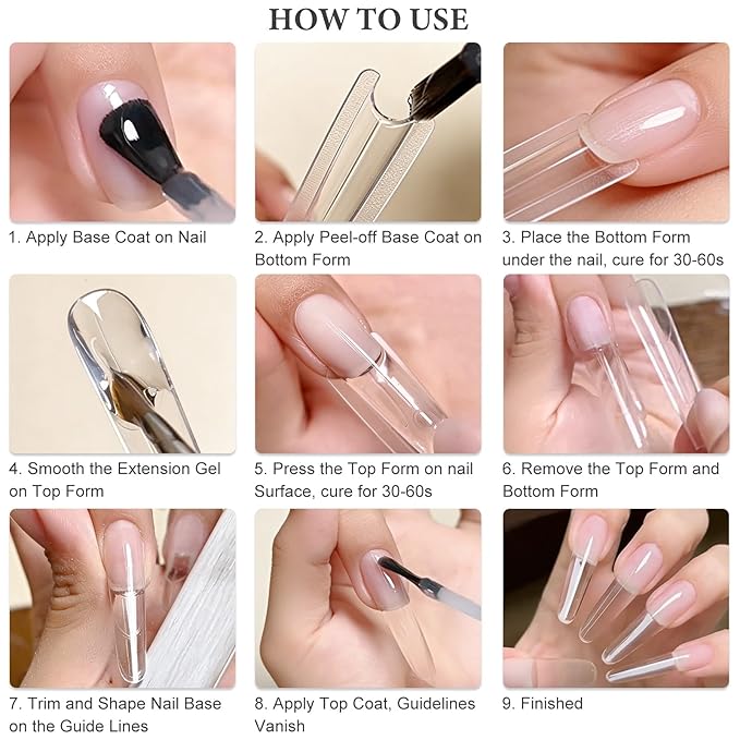 280Pcs Sandwich Nail Dual Forms for Polygel Extension Builder Gel 140 Pairs Coffin Shape Top and Bottom Plastic Nail Molds with Tools for DIY Manicure Art At Home