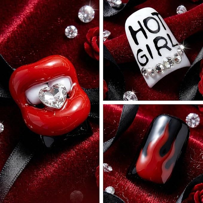 10 Pieces Luxury Acrylic Press On Nails Short Handmade Duck Nails, Thickened False Nails, Red And Black Flames And Glittering Red Lips, Reusable Fake Nails, Acrylic Nails (M)
