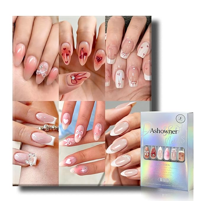 6 Packs (144 Pcs) | Reusable Press on Nails | cute nails | 6-Style Bundle | 12 Sizes | Each Style 24 Pcs | Pink themed bow