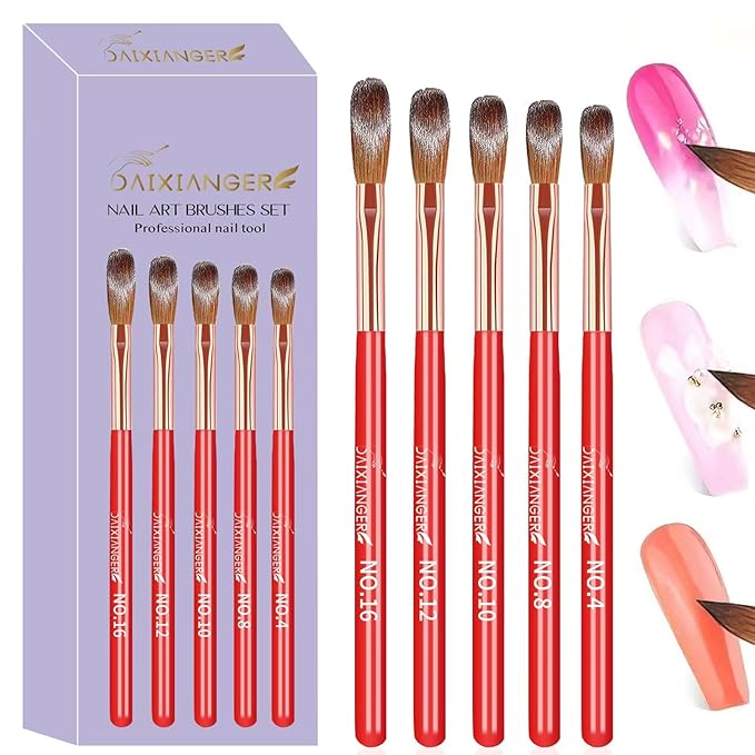 5Pcs New Year Acrylic Nail Art Brush Set -Size 4/8/10/12/16, Red Handle Nail Brushes for Acrylic Application Powder & Nail Extension, 3D Nail Carving Tools for DIY Home Salon Manicure