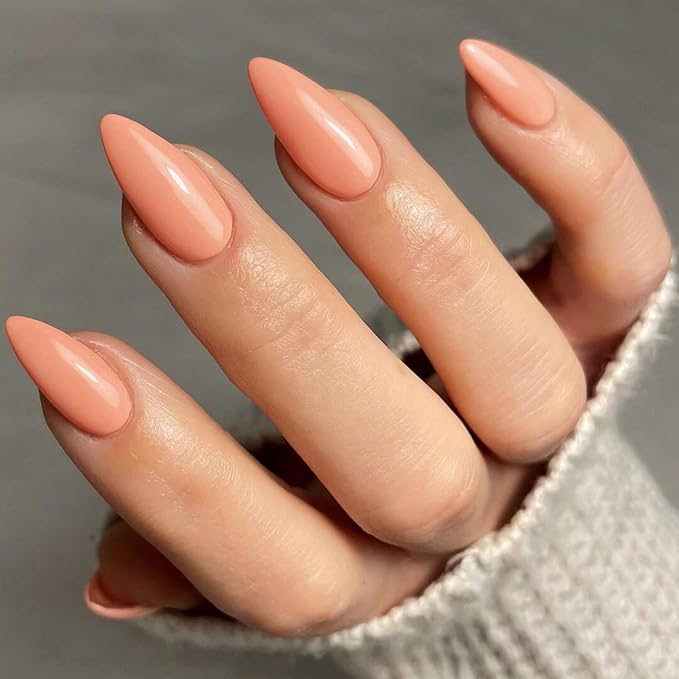 Coral Press on Nails Almond Shaped Medium Almond Nails Press on Neutral Acrylic Nails Reusable Fake Nails for Women Girls, Glue on Nails Medium Length Stiletto False Nails Gel Artificial Nails