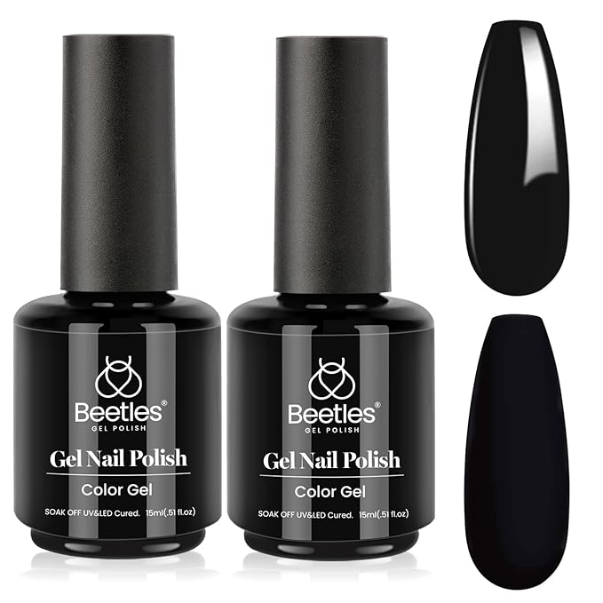 Beetles Black Gel Polish 2Pcs 0.51Fl.OZ Pure Black Gel Nail Polish Set 15ml Dark Base Color Soak Off Uv Nail Lamp Art Manicure DIY Design Gift for Women Long Nights Collection