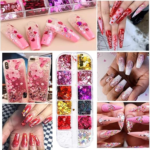 12 Colors Heart Holographic Nail Glitter Sequin Accessories Colorful 3D Nail Flakes Powder UV Gel Polish Acrylic Design for Women Girls Manicure Tips False Nails Supplies Kit Decorations