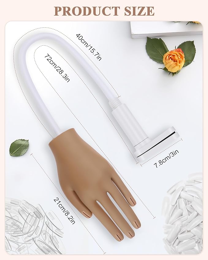 Practice Hand for Acrylic Nails, Silicone Hand for Nail Practice, Nail Tips Won't Fall off Nail Hand, Flexible Nail Practice Hand for Beginners, With 200PCS Nail Tips