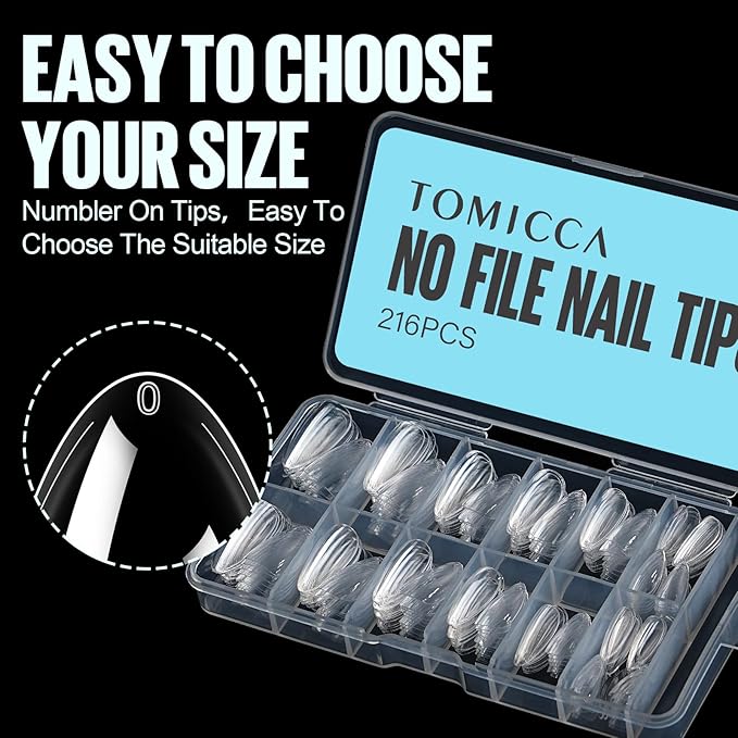 TOMICCA Almond Nail Tips, Medium Almond Acrylic Nail Tips, 216Pcs Full Cover Clear Nails, Nail Extension Tips for Nail salon and DIY at Home