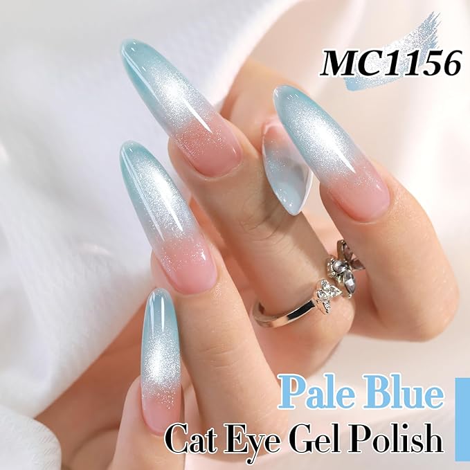 Double Rhythm 0.5 Oz Cat Eye Gel Polish with Magnet Same Color Same Bottle Holographic Glitter Shimmer Translucent Color Salon 15 ML Magnetic Nail Art (Light Blue-MC1156)
