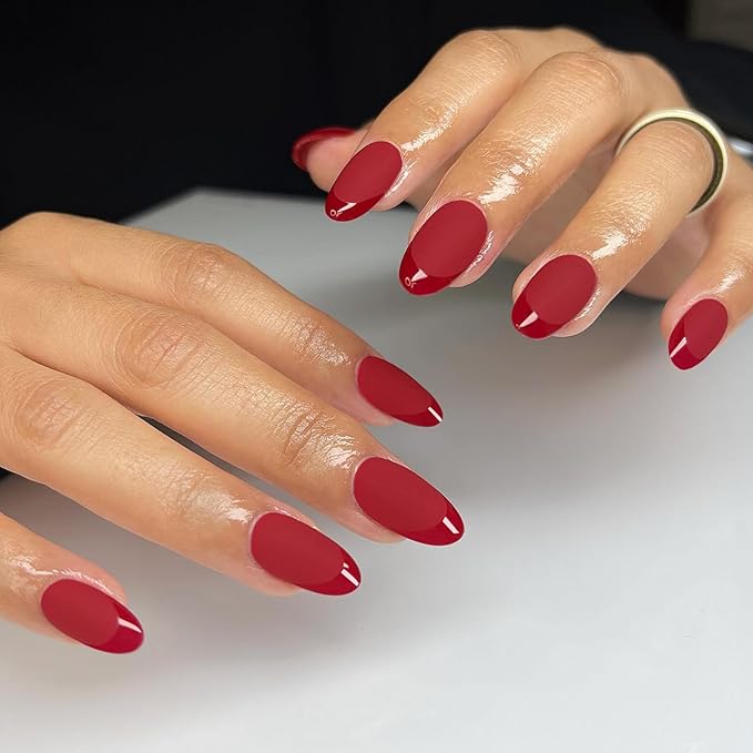 Red French Press on Nails Short Almond-Solid Red Nails with Glossy French Tip in a Matte Finish, Soft Gel Reusable Fall Fake Nails Winter Burgundy Stick on Nails for Women Gift, 32PCS 16 Sizes