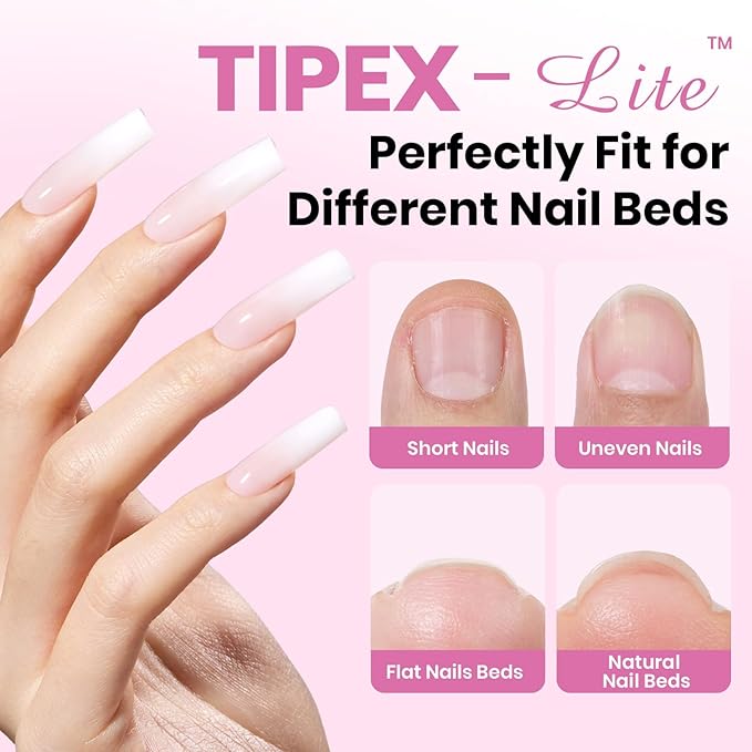 Beetles Tipex Lite Apex Nail Tips Kit,Square Long,192pcs 16 Sizes,with UV Nail Glue, Base & Top Coat, Mini Nail Lamp, Nail Clipper & Cuticle Nipper,Pre-Building Pre-Etched Acrylic Tips Kit