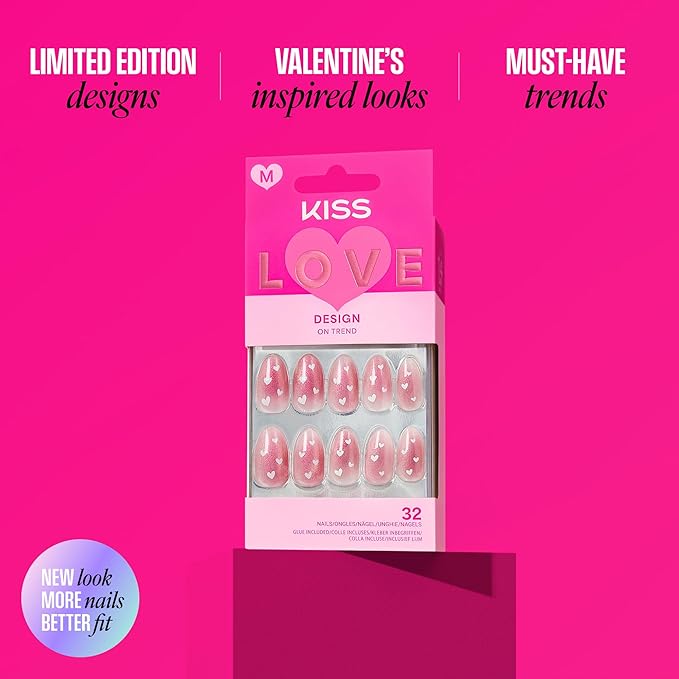 KISS LOVE Design Valentine's Day French Tip Press On Nails, Falling for Forever, Red, Medium, 32 Count