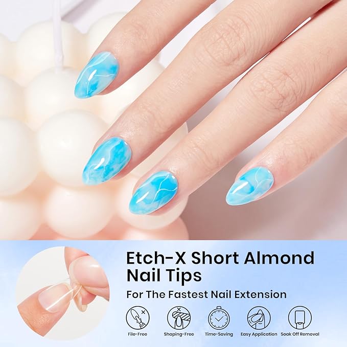 Beetles Gel Nail Tips Almond Short, 576Pcs 12 Sizes Etch-X Half Matte Full Cover Soft Acrylic False Nail Tips Easy DIY Fake Press On Nail Extension Set Salon Gift for Women