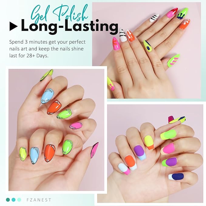 FZANEST Gel Nail Polish Set 6PCS Neon Yellow Green Hot Pink Blue Purple Gel Polish Kit