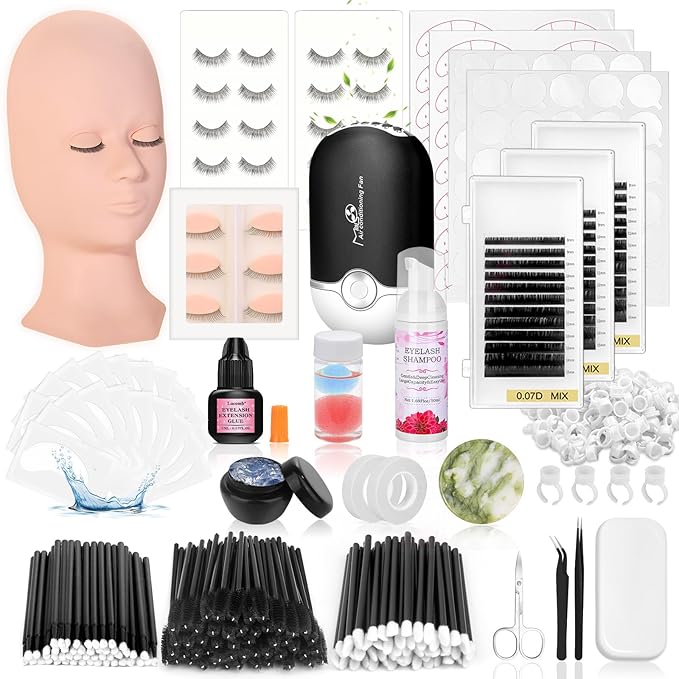 Eyelash Extension Kit for Beginners, 345 PCS Practice Supplies: Mannequin Head with Removable Eyelids, Extension Glue, Remover, Individual Lashes, Tool Kit with Everything