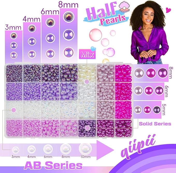 28 Types Purple Flatback Pearls w B7000 Jewelry Glue for Bedazzling Crafting 3mm 4mm 5mm 6mm 8mm 10mm Flatback Colorful AB Half Pearls Charms for Nails Face Eyes Makeup Crafts Tumblers Bottles
