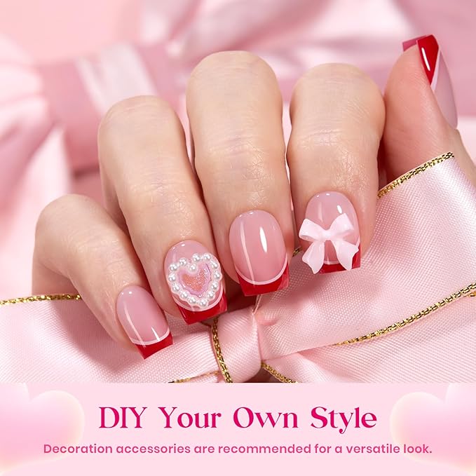 Beetles Press On Nails - Heart Whisper | 3 Colors Short Square French Tip Press On Nails | 15 Sizes 180 Pcs Natural Salon Quality Spring Gift For Women