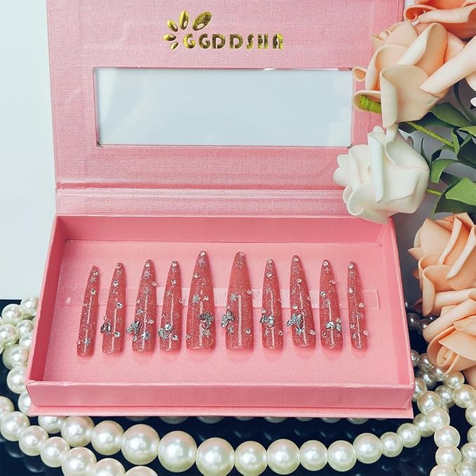2025 Long Novel Design Reusable 100% Handmade Press-On Nails 10PCS PMMA Acrylic Nail Kit with Box Gifts for Women (Pink Mirage, Medium)