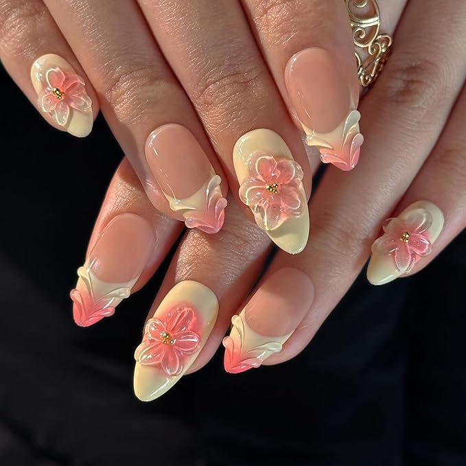 Ligth Yellow Press on Nails Medium Almond Handmade Nails with Glue,Handmade False Nails French Tip Nail Press ons 5D Flower Art Design Muti-Layer Gel Nail Luxury False Nails for Women (Size M)