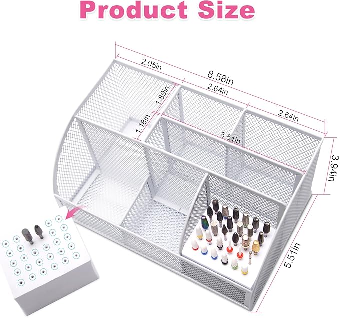 CGBE Nail Drill Bits Holder: 60 Holes Professional Drill Bit Holder for Nails - Mesh Metal Nail Tools Organizer Display Case - Nail Desk Organizer for Nail Tech - White (Not Included Nail Drill)