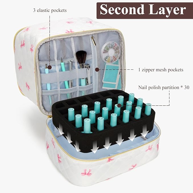 Nail Polish Organizer Aesthetic Nail Organizers and Storage, Bow Nail Supplies Kit Organizer Travel Carrying Case for Manicure Tools (Bow C, 2 Layer)