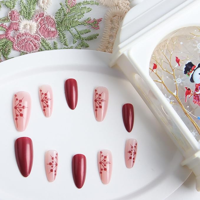 24pcs Pearlescent Red Medium Almond Press On Nails with Snowflakes for Themed Costumes, Reusable Nail Kit with Nail Adhesive Tabs Mini Nail File, 12 Sizes (Pearlescent Red)