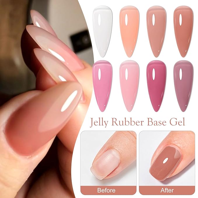 MTSSII Jelly Nude Rubber Base Gel Nail Kit, 8 Colors Clear Pink Crystal Translucent Color Construction UV Gel Semi Permanent Soak Off UV LED Varnish