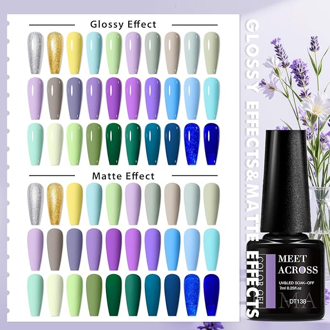 MEET ACROSS 30 PCS Gel Nail Polish Set, Purple Blue Green Gold Silver Yellow Nail Polish Kit Sage Forest Emerald Green Navy Lavender Soak Off Nail Art Salon DIY Gift Women