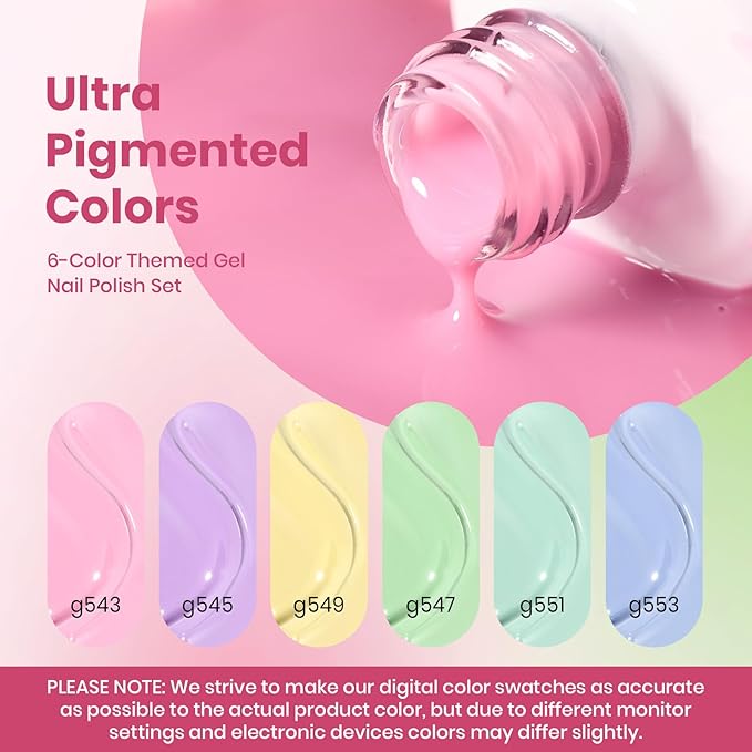 Beetles Spring Nectar Jelly Gel Nail Polish Set - 6 Colors 15ML Pastel Gel Polish Kit Pink Purple Blue Mint Green Yellow Sheer Translucent Effect Soak Off UV Nail Art Manicure Gift for Women