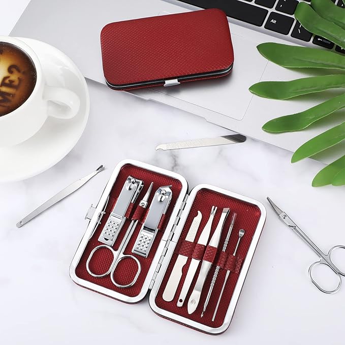 Geosar 12 Sets Manicure Set Nail Clippers Pedicure Kit 8 in 1 Grooming Stainless Steel Kits Nail Care Tools with Travel Case for Employee Coworker Teachers Nurse Gifts(Wine Red)