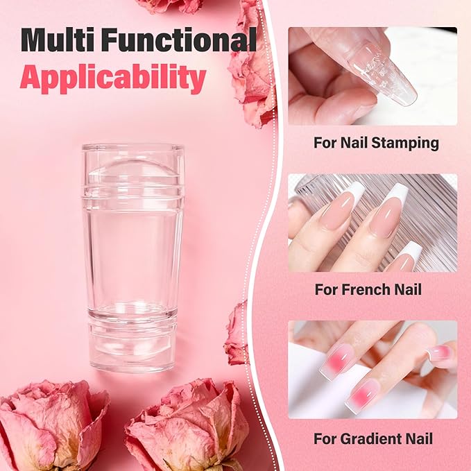 Biutee French Tip Nail Stamp 4PCS Nail Art Stamper Kit with Replacement Nail Stamper Heads Clear Silicone Nails Jelly Stamper with Scrapers Nail Printing Tool for French Manicure Home DIY Art Salon