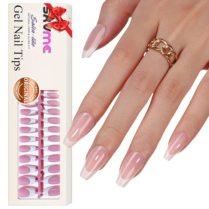 Gel French Tip Nails Long Coffin French Tip Press on Nails SXVME White French Nail Tips 300Pcs Pre-applied Tip Primer Natural Pink Fake Nails Extensions Gel Nail Kit for Women Girls DIY