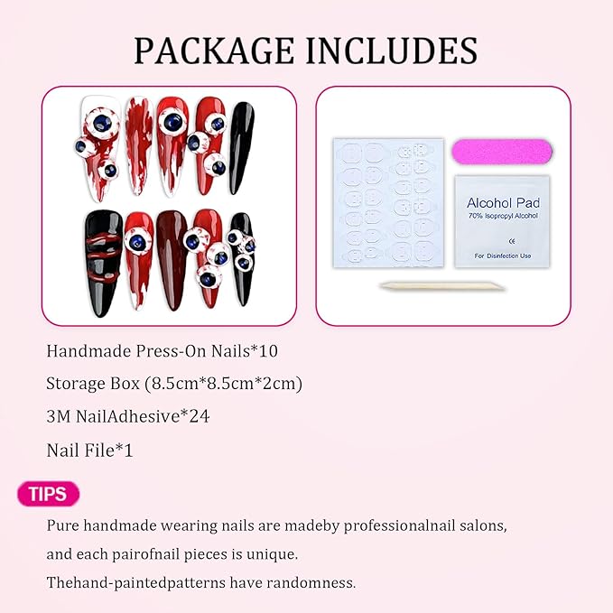 Halloween Handmade Nails Almond Long Stick on Nails Horror False Nails with 3D Bloody Eyes Designs Red Black Acrylic Nail Full Cover Thick and Muti-Layer Gel Fake Nail for Women (M)
