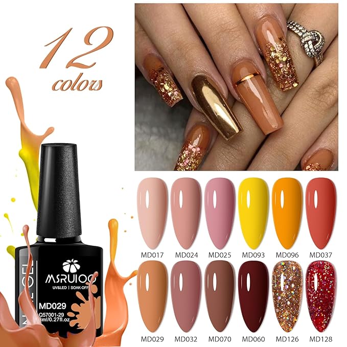 12Pcs Nude Brown Gel Nail Polish Set Caramel Gel Polish Kit Roasted Chestnuts Chocolate Glitter Gel Polish Fall Winter Nail Art Manicure Kit DIY Salon Gift