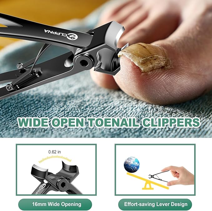 Toenail Clippers for Seniors Thick Toenails, CLPPNA Large Toe Nail Clippers Set for Men with Wide Jaw, Sharp Heavy Duty Ingrown Toenail Clippers Nail Cutter, Long Handle with Slanted Curved Blade