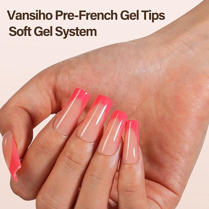 150Pcs French Gel Nail Tips, Vansiho Long Square Nail Tips, Pink Pre-French Tips Press on Nails, Soak Off Soft Gel Acrylic Fake Nails for Nail Art DIY 15 Sizes