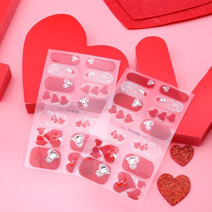 Valentines Day Gel Nail Stickers for Nail Art Red Heart Gel Nail Polish Strips Romantic Love with Rhinestones Glitter Design Cute Holiday Stickers Full Wrap Gel Nail Strips Sticker for Manicure Salon
