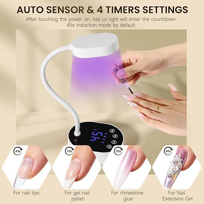 AORAEM UV Nail Lamp, Gooseneck Mini U V Light for Gel Nails, 36W Rechargeable LED Flash Cure Lamps with 4 Timers & Auto Sensor, Quick Dry Professional Nail Dryer for Salon Home DIY Use, White